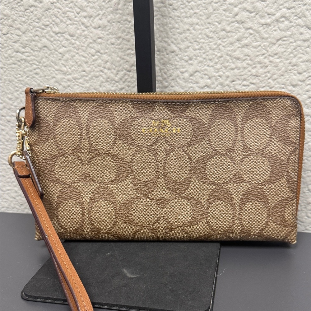 Coach Tan and Brown Signature Large Double Zip Wristlet